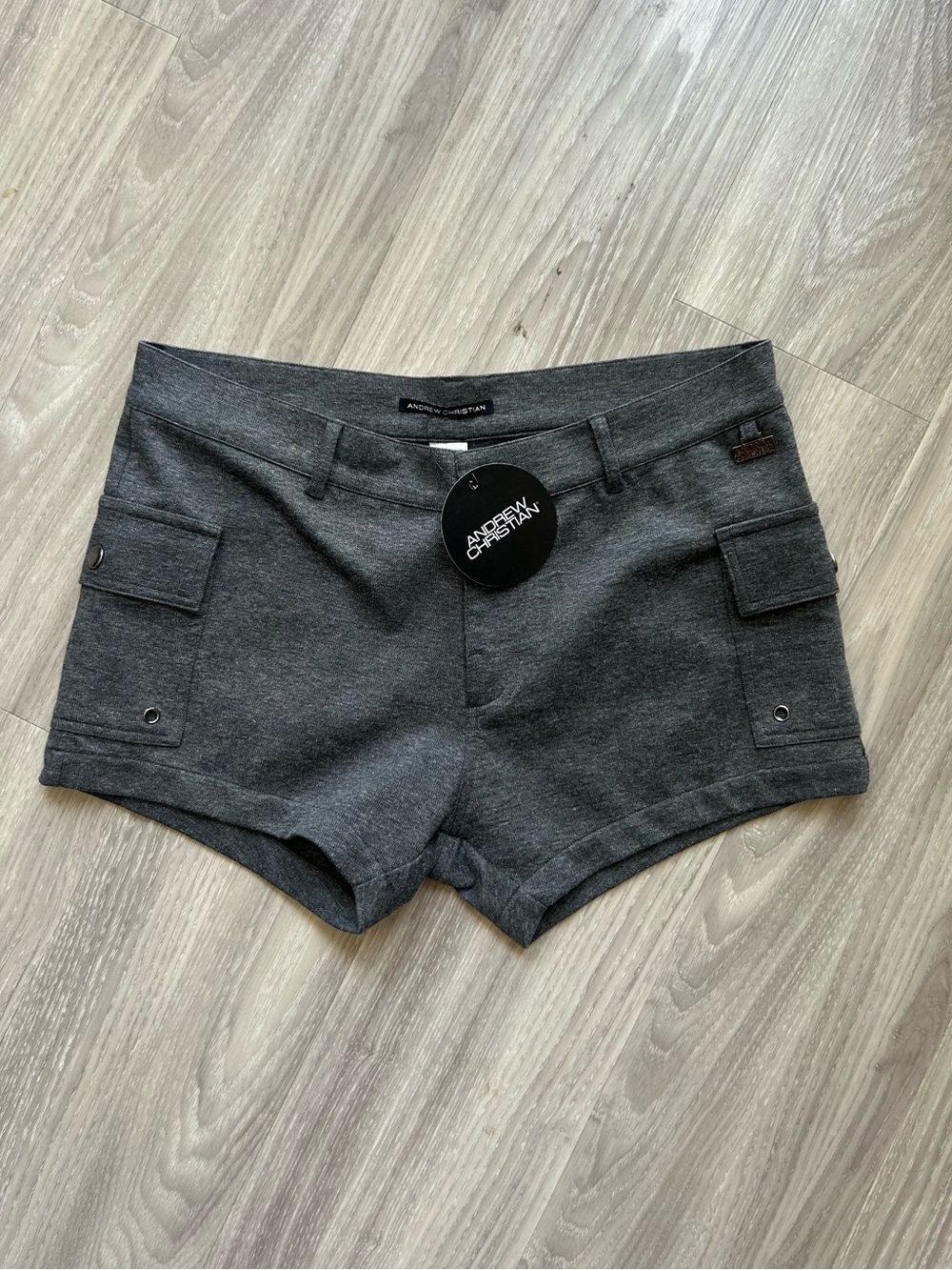 Andrew Christian | 3" Skinny Stretch Cargo Shorts in Charcoal (32" Waist) - Picture 4 of 12